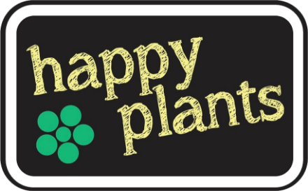 Happy Plants logo - a black rounded rectangle with Happy Plants written in pale yellow handdrawn style text, with a small green flower in the corner.
